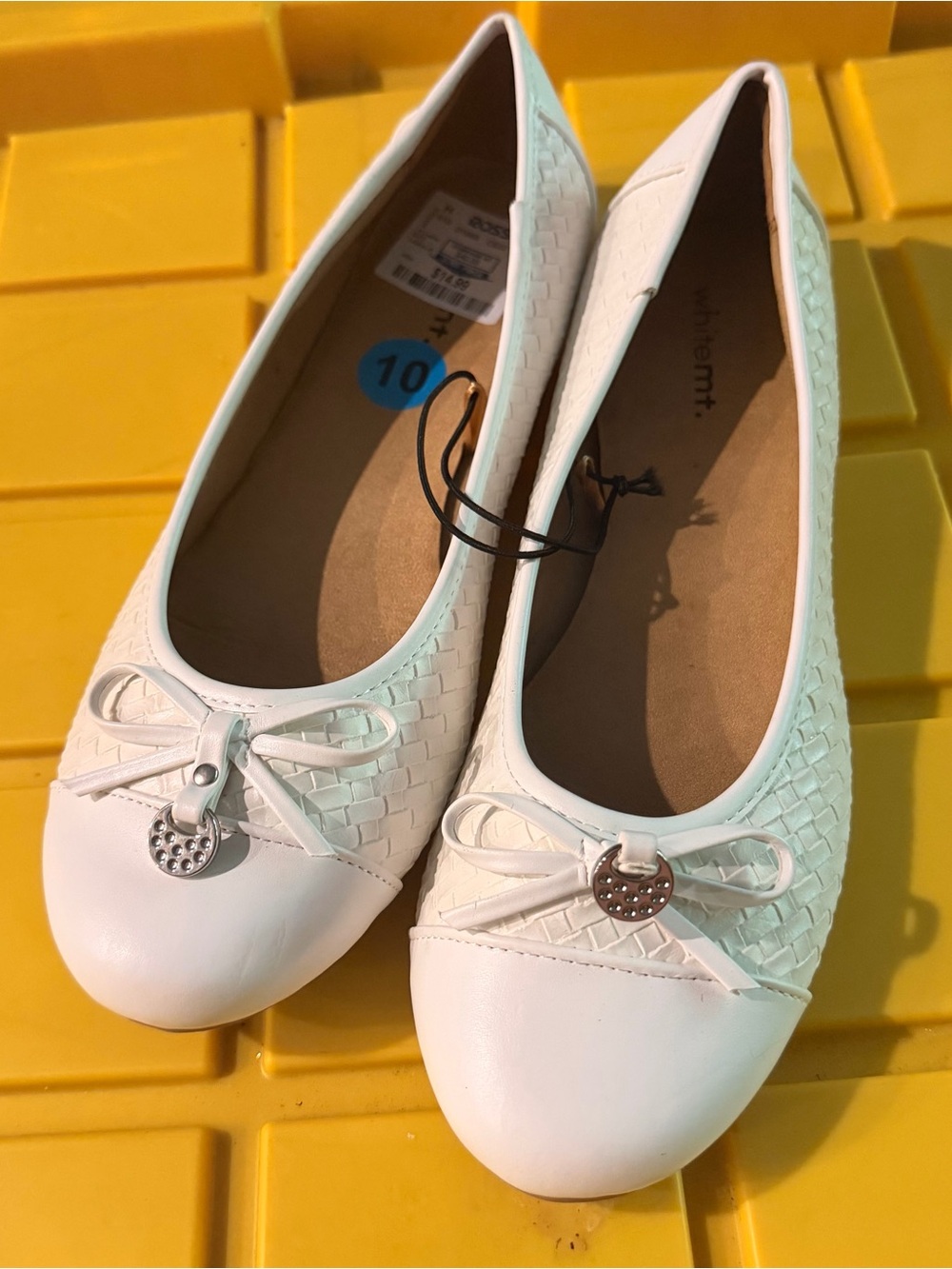 White Woven Ballet Flats with Bow & Heart Charm
